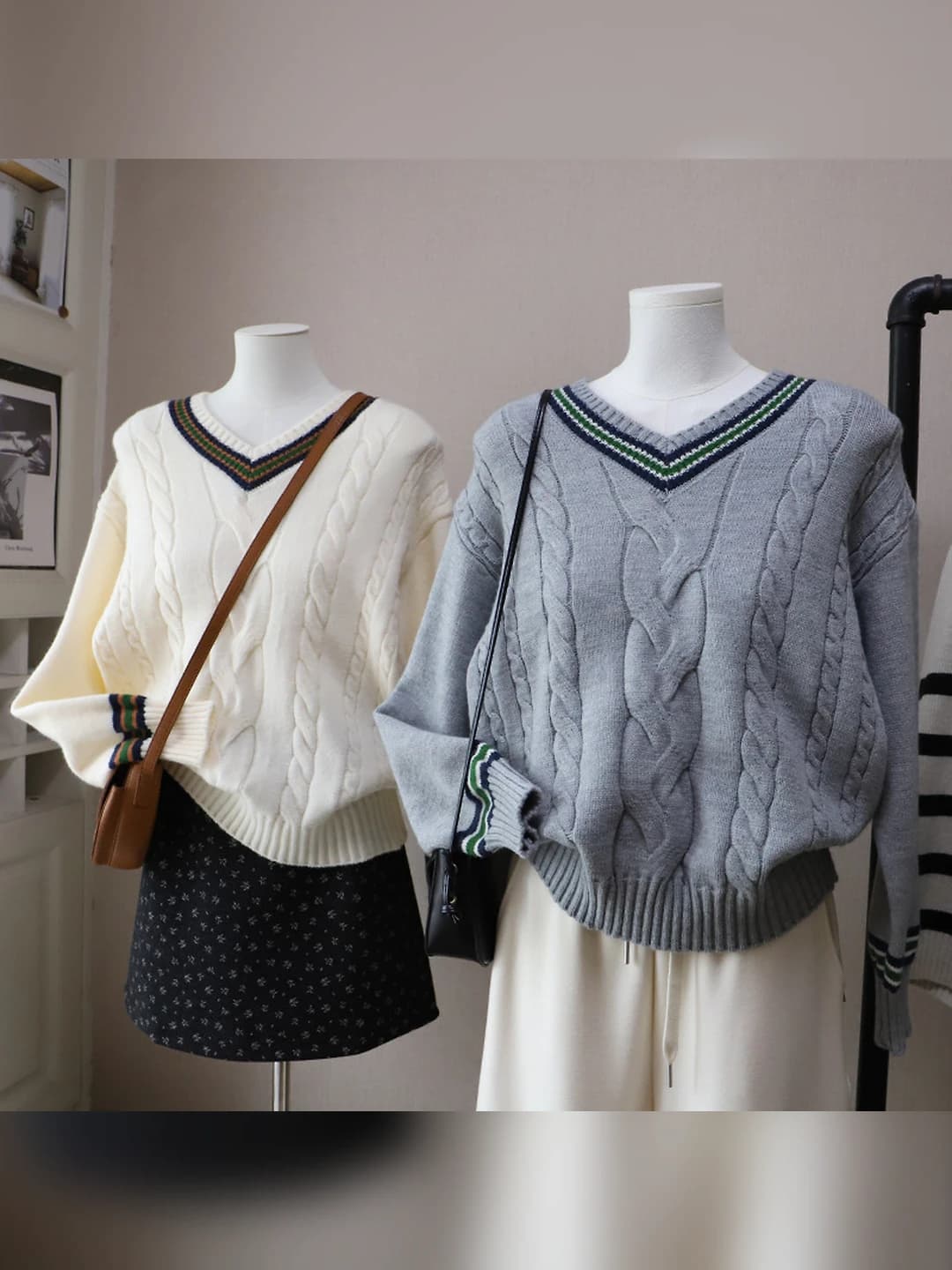 Women's 2026 autumn-winter V-neck cable knit sweater, striped and color-blocked, loose fit, long sleeve