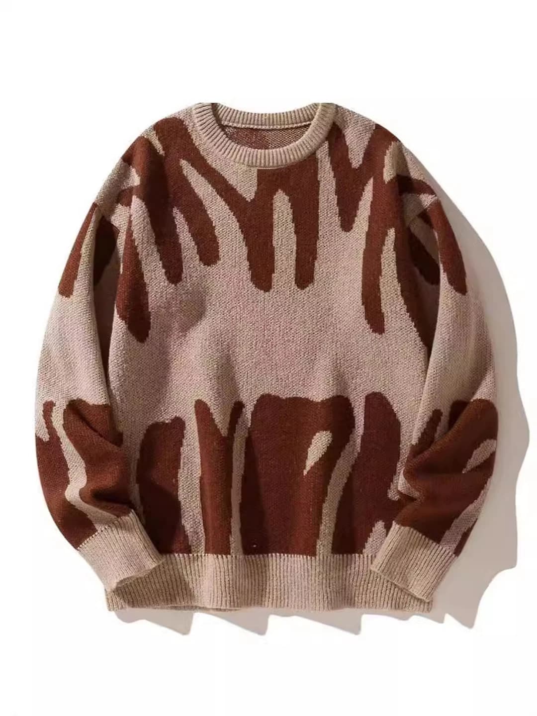 Women's retro crew neck sweater, loose fit, wool and cotton, long sleeve, medium thickness, contrast design