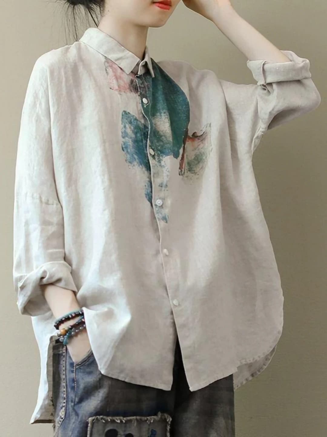 Women's 2026 spring retro loose fit long sleeve lapel collar printed casual cotton-linen blouse