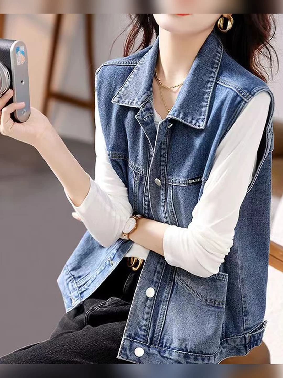 Women's autumn denim vest, loose fit, sleeveless, POLO collar, blue