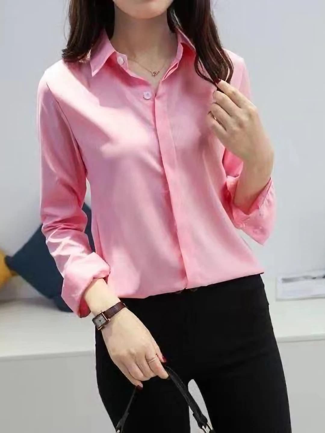 Pink, long sleeve, hidden buttons