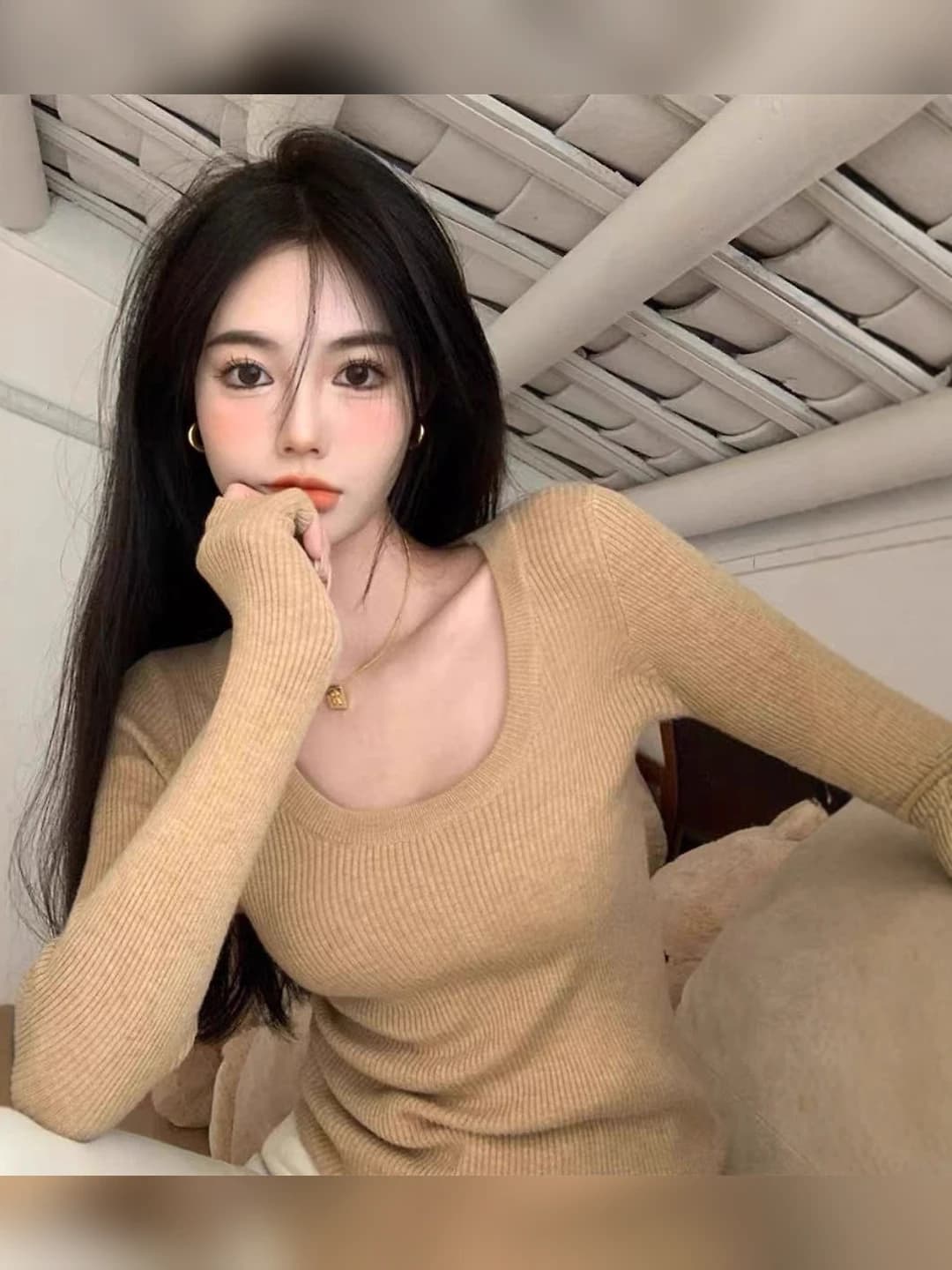 Women's retro sweater with low neckline, long sleeve, solid colour, autumn-winter and spring