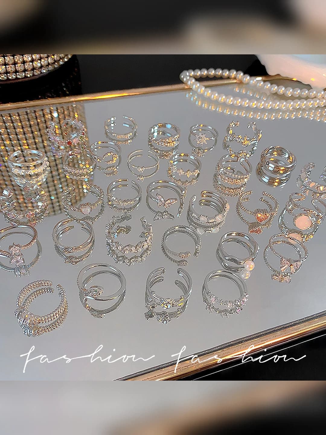 Open fashion ring for women, silver color, zircon, wing and crown design