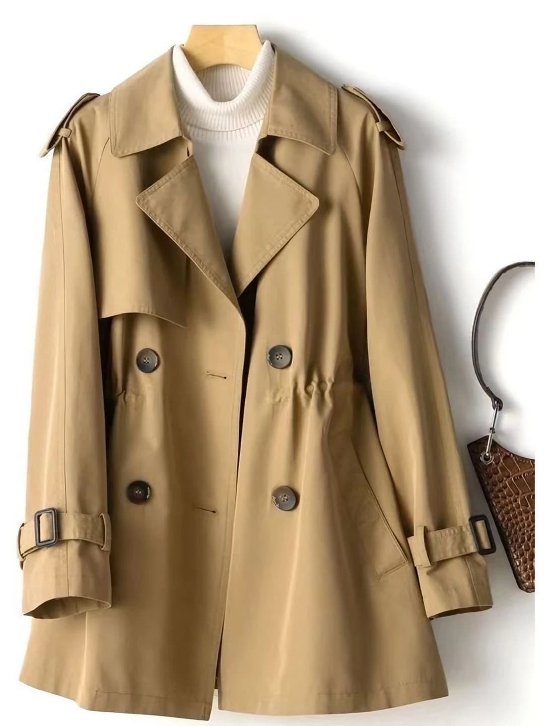 Women's trench coat, mid-length, petite, solid colour, slim fit, spring-autumn, Korean style, long sleeve, POLO collar, double-breasted closure