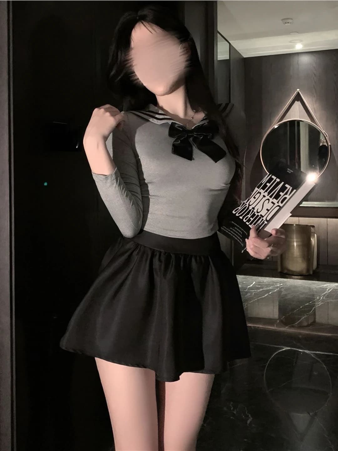 Women's JK uniform set: long sleeve knit top and mini skirt, summer, preppy style