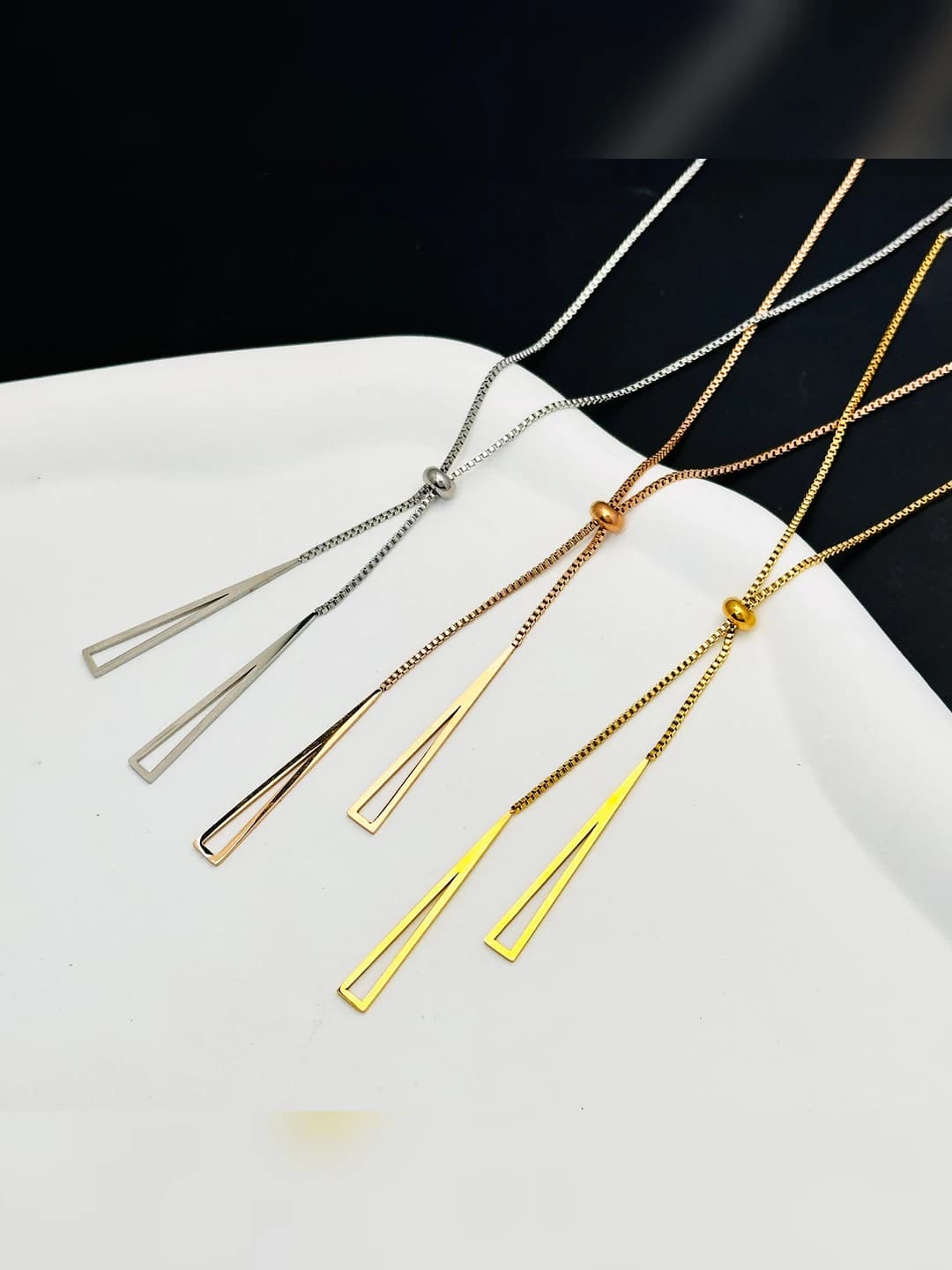 Women's adjustable rose gold titanium steel necklace with triangular tassels