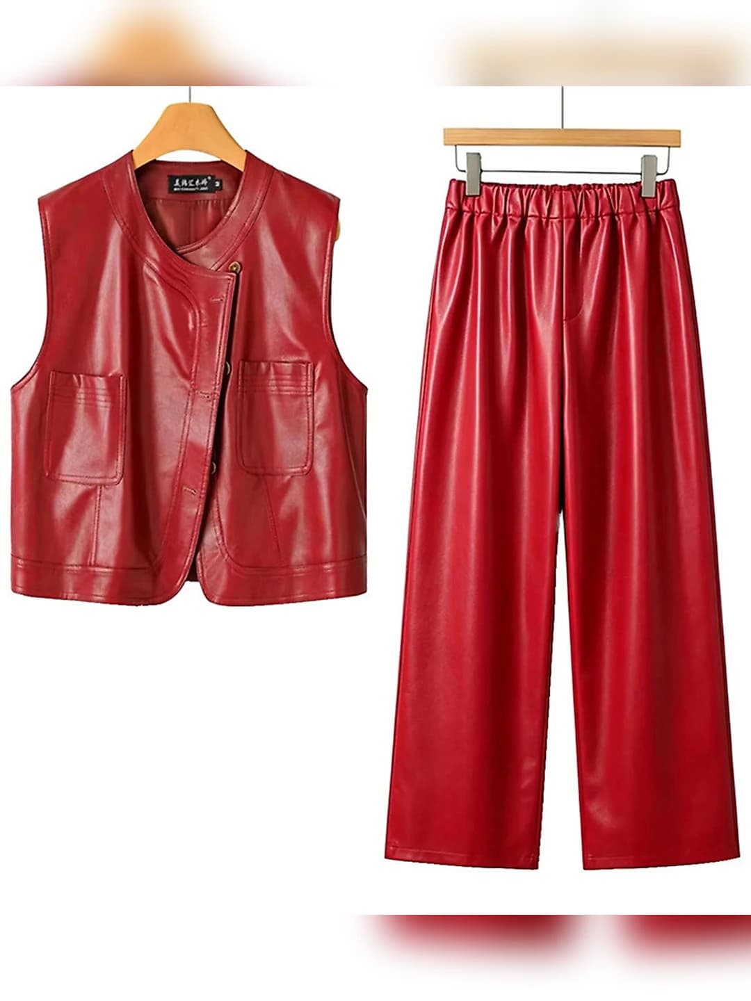 Women's 2026 black vest and trousers set, sleeveless, solid colour, PU fabric, all-season