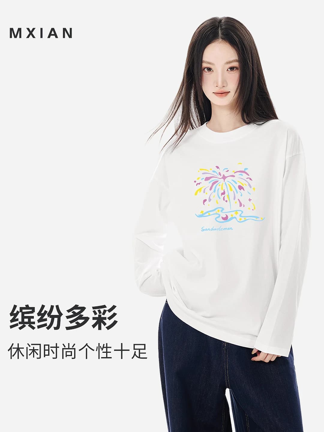 Women's pure cotton printed long-sleeve t-shirt, slimming, loose fit, long sleeve, spring-autumn