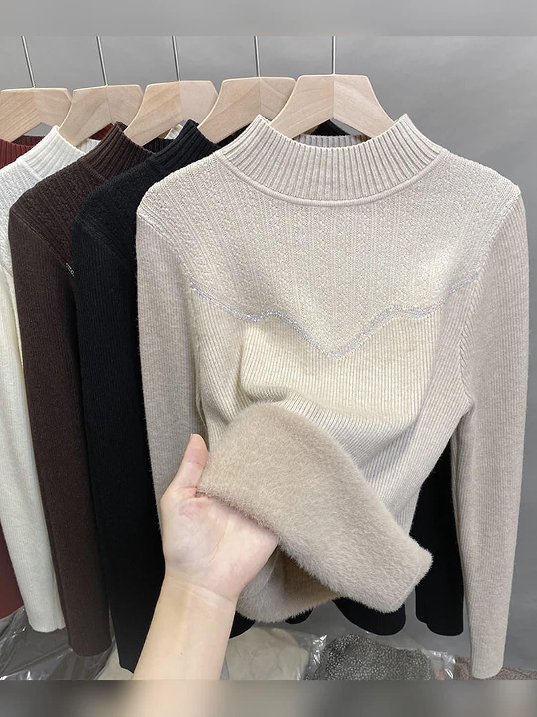Women's fleece-lined mock neck sweater, 2026 autumn-winter, thickened, loose fit, long sleeve, warm