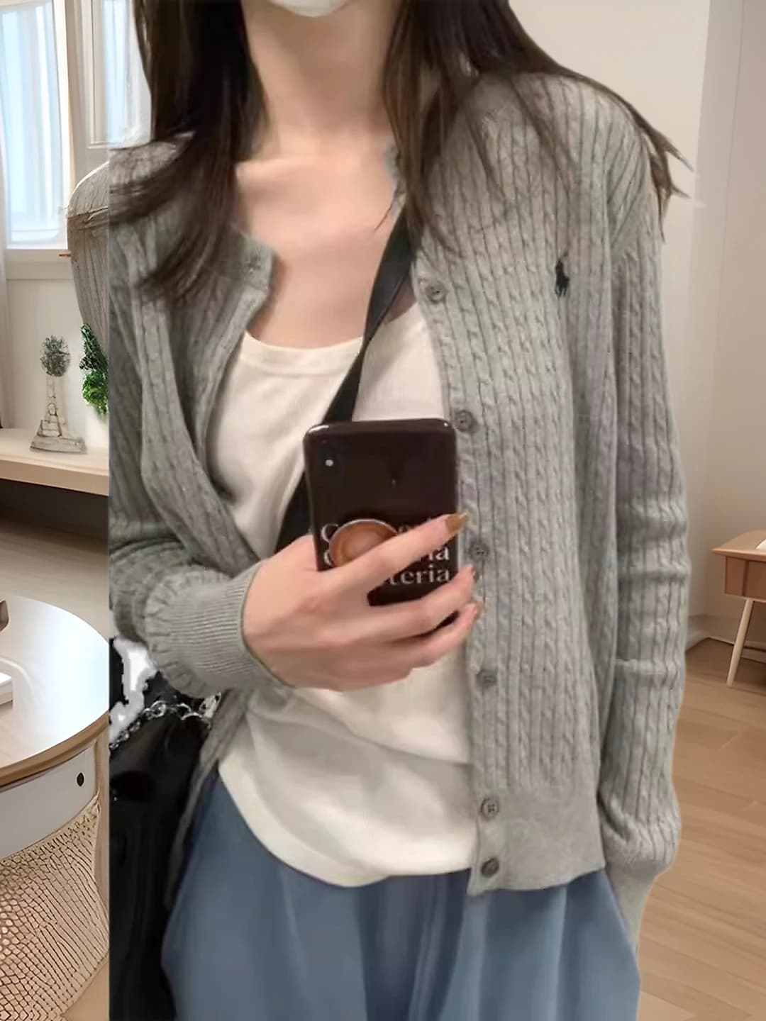 Women's thin cardigan 2026 autumn, slim fit, crew neck, long sleeve, embroidered, cable knit, solid colour, casual