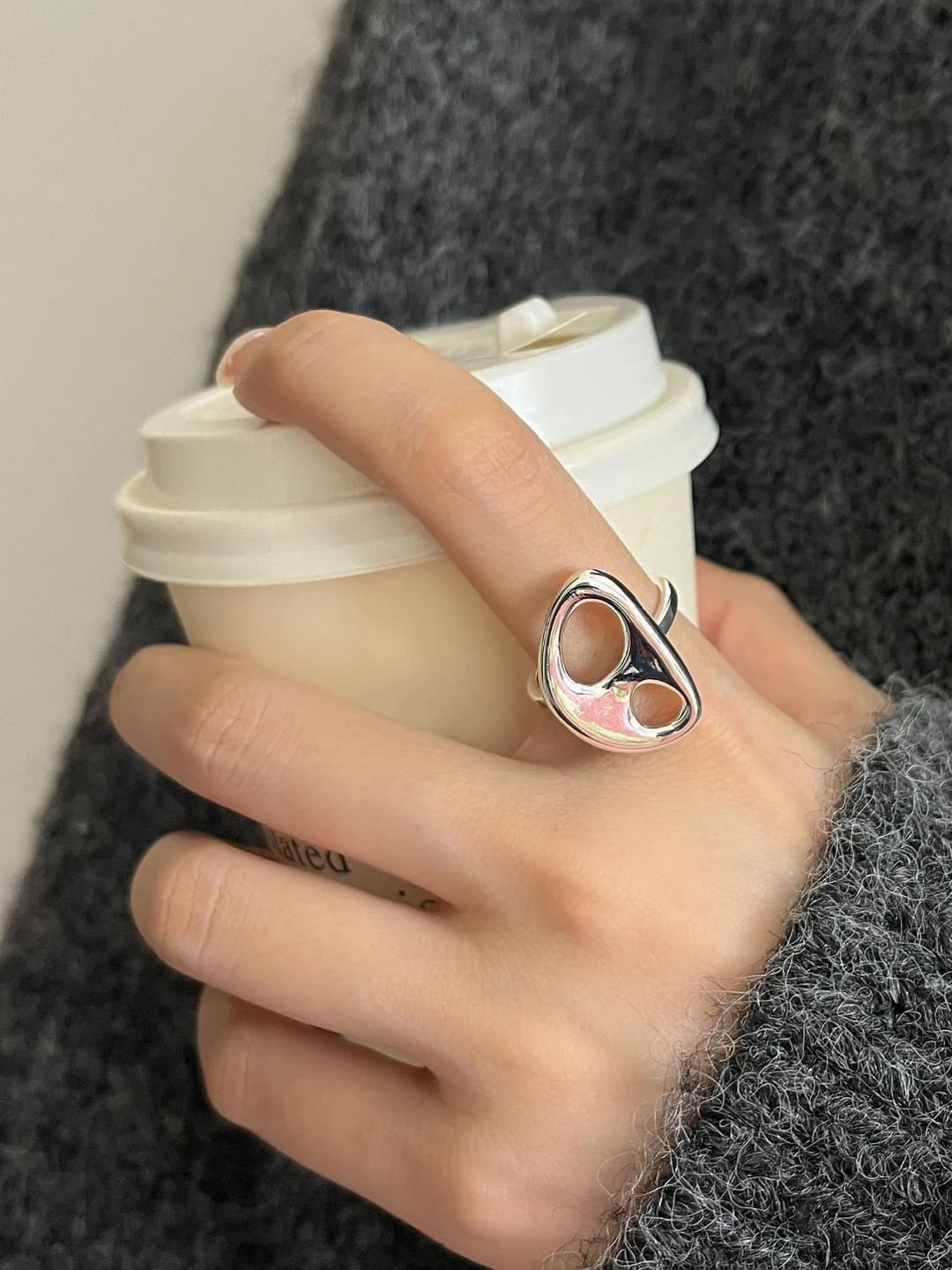 Women's adjustable geometric copper ring with metallic shine, electroplated, ins style