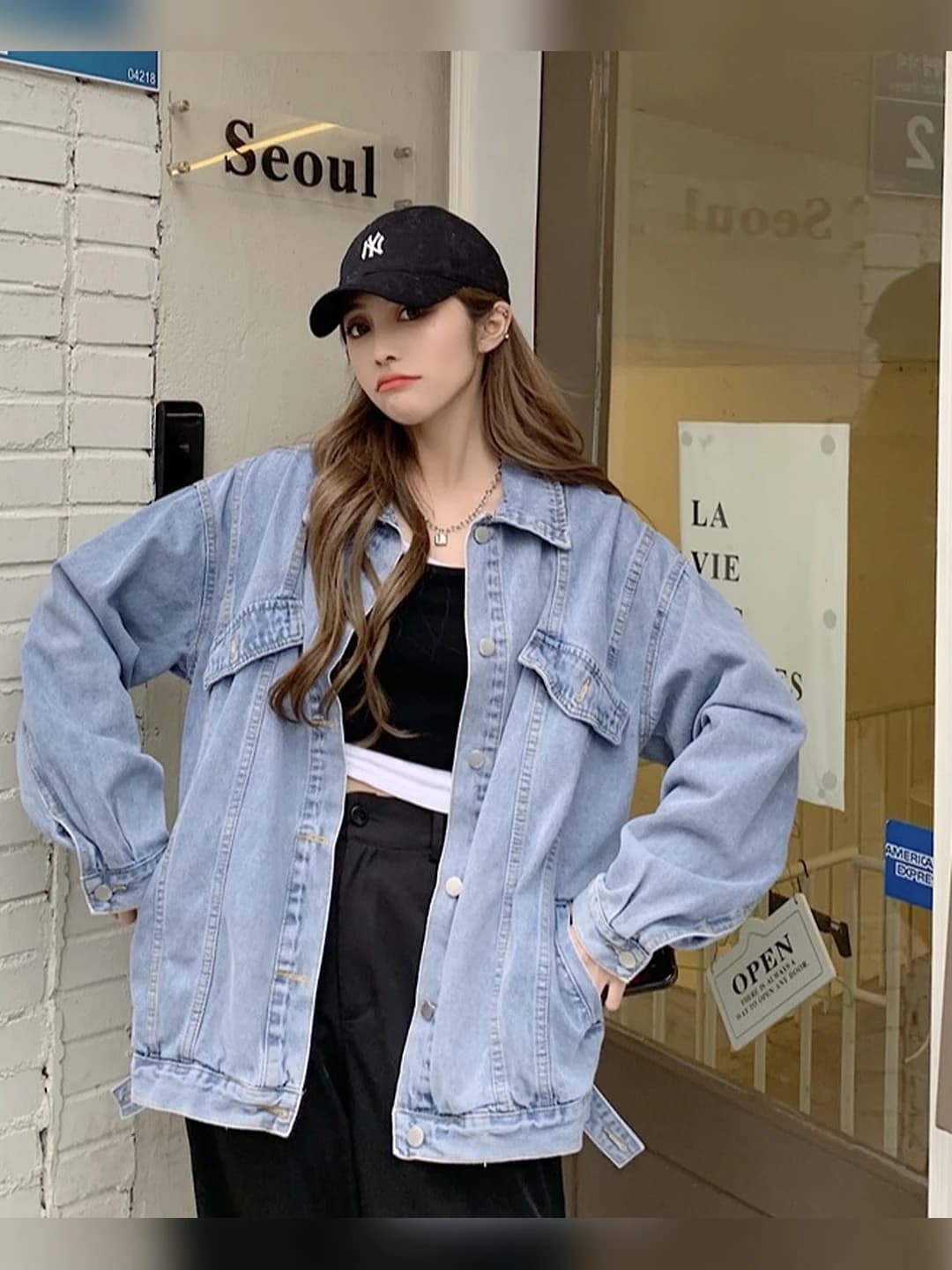Women's denim jacket, spring-autumn, Korean style, loose fit, casual, mid-length, long sleeve, lapel collar