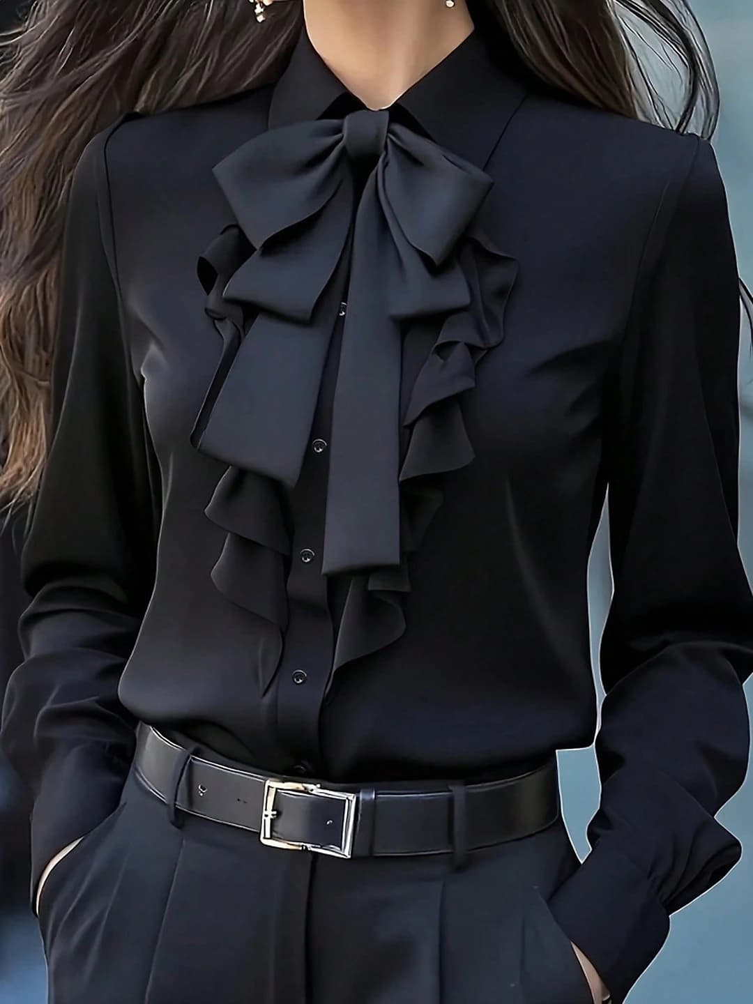 Women's 2026 spring-summer long sleeve blouse with crew neck, bow, ruffles, regular fit