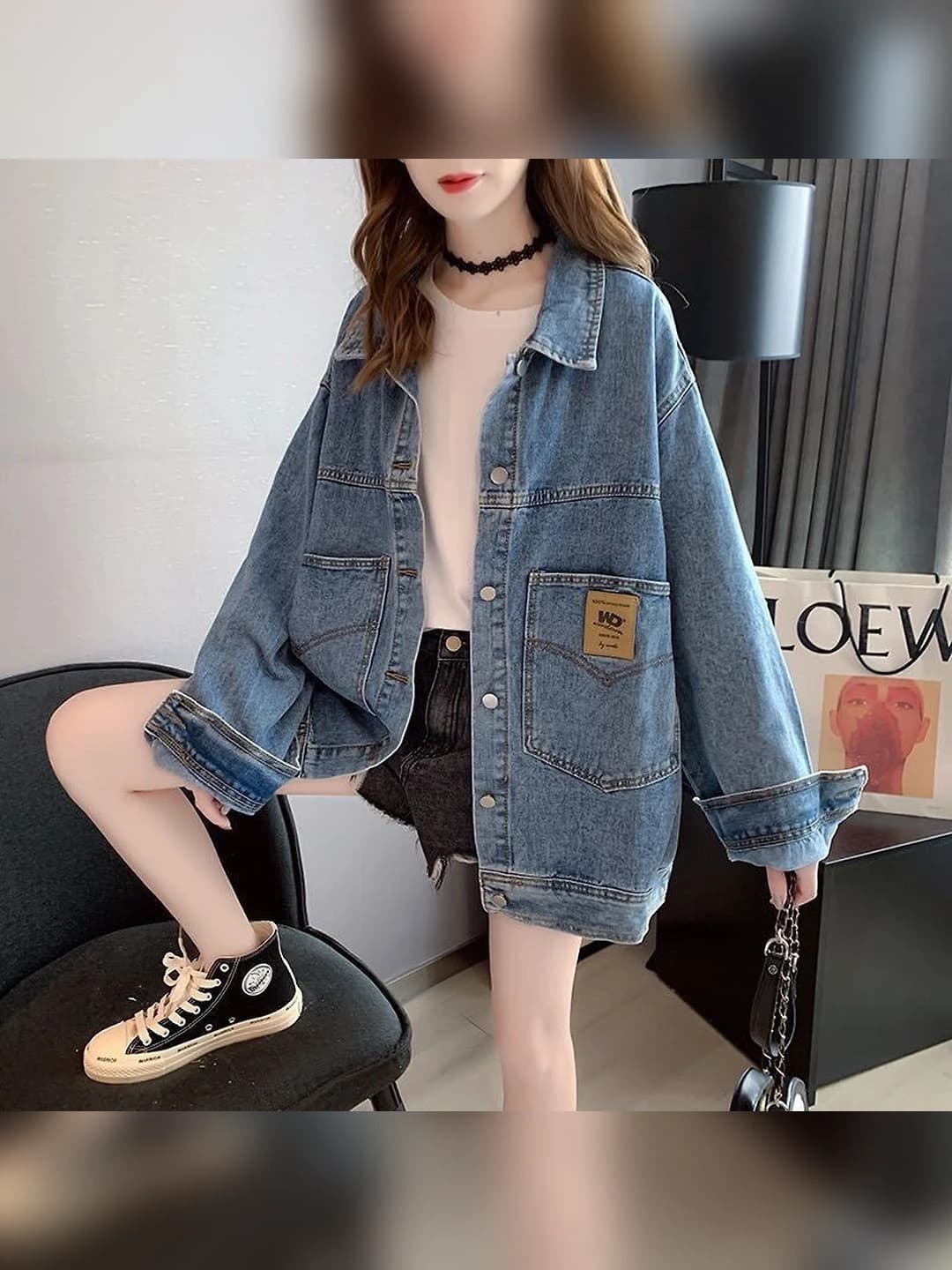 Ayollar uchun denim kurtka, koreys uslubida, bo'sh (oversize) kesim, o'rta-uzun, katta o'lcham, bir rangli, qaytarma yoqa, uzun yeng, bahor-kuz