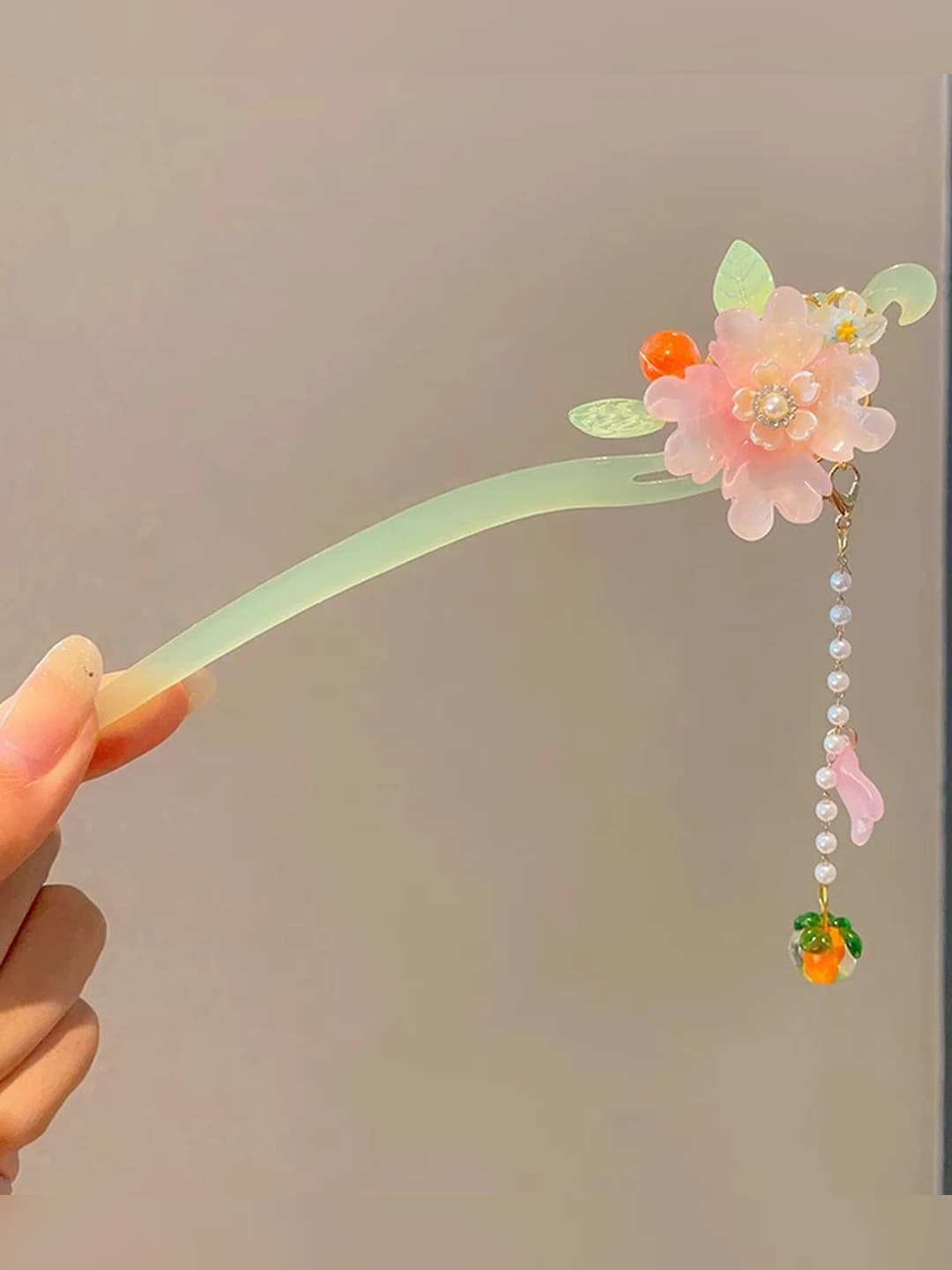 26# Pink large flowers green jade hairpin