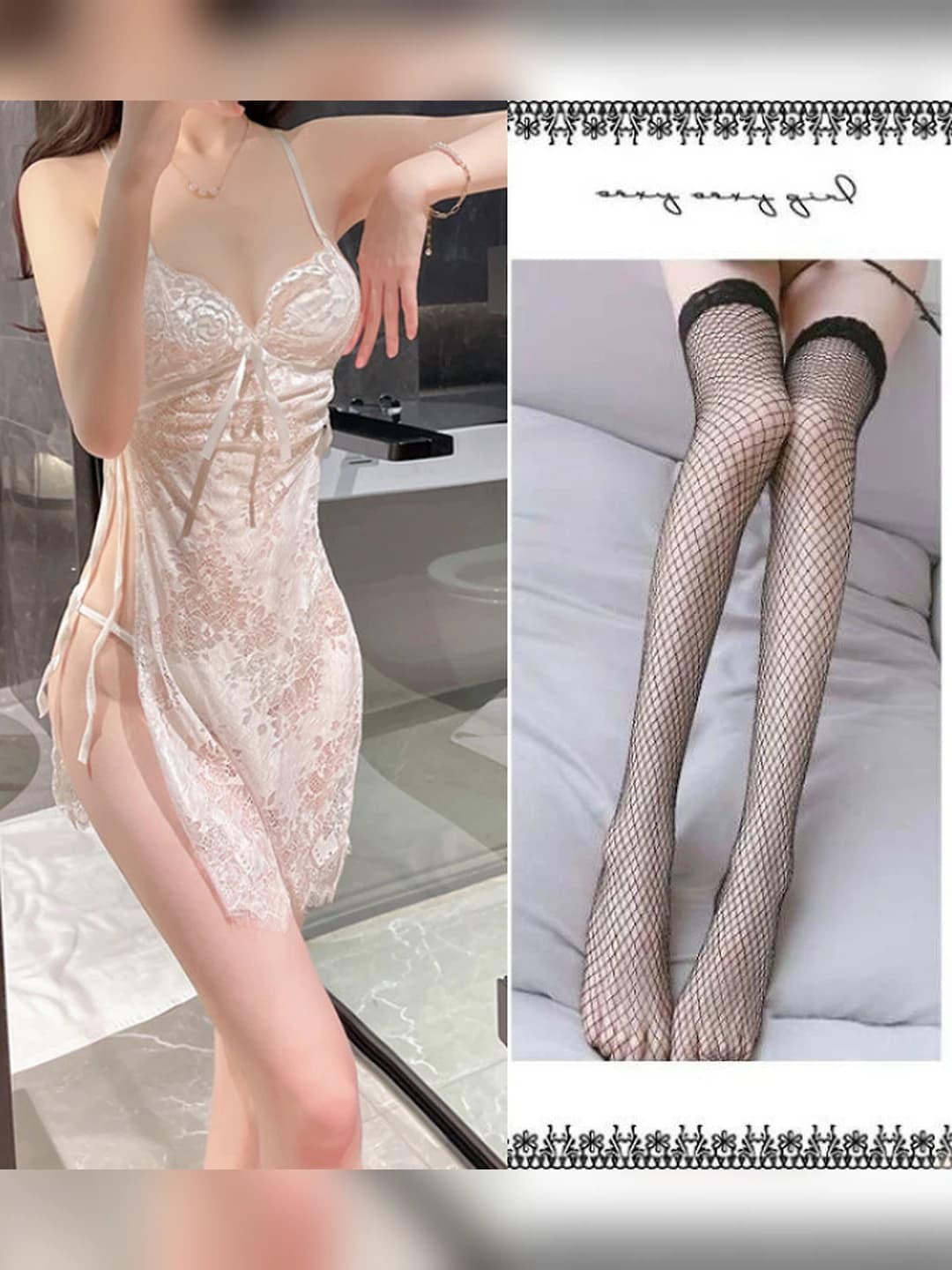 White nightgown + T-thong + Black fishnets