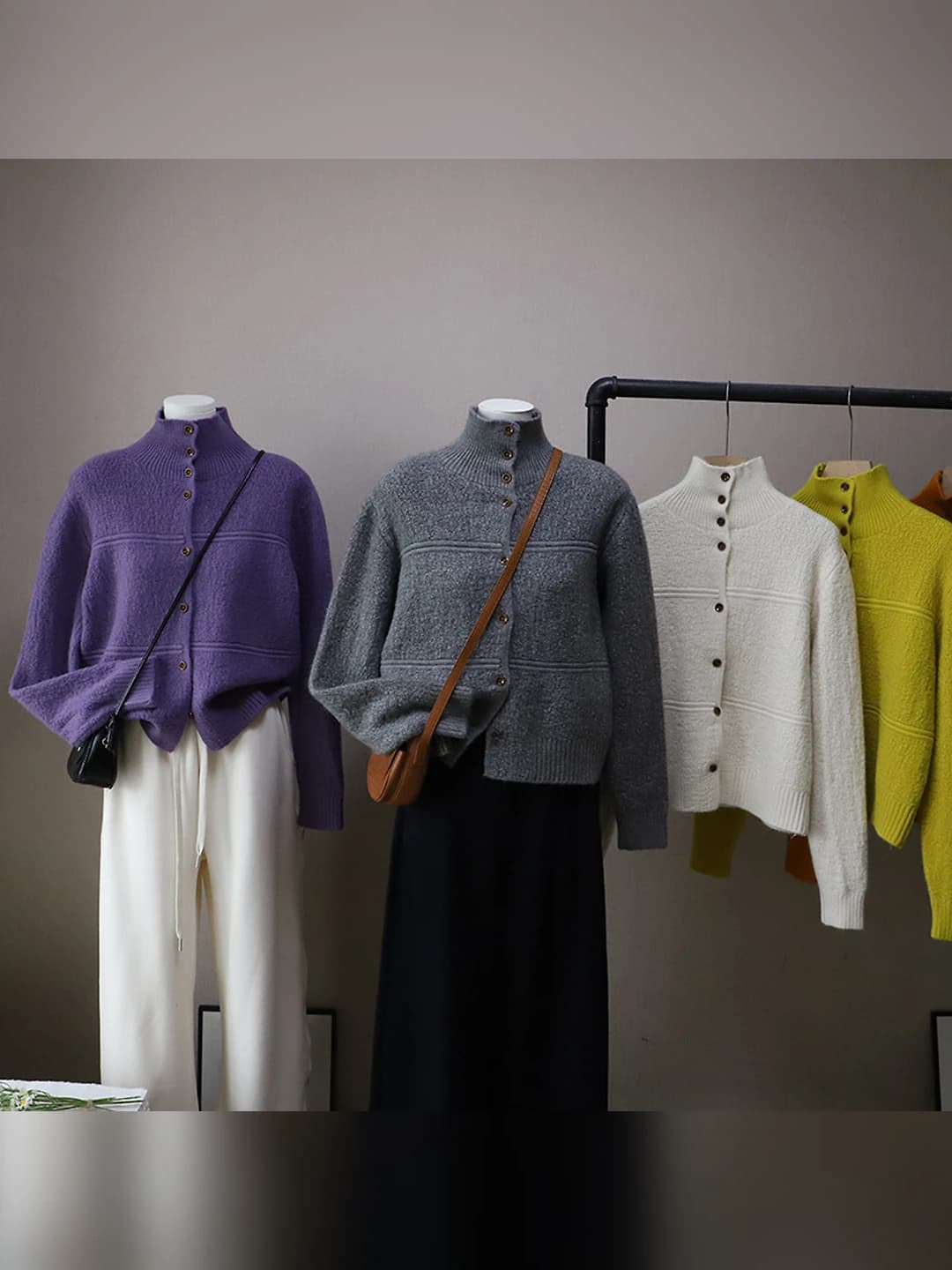 Women's 2026 winter Korean style stand collar loose fit slimming solid colour thick sweater cardigan