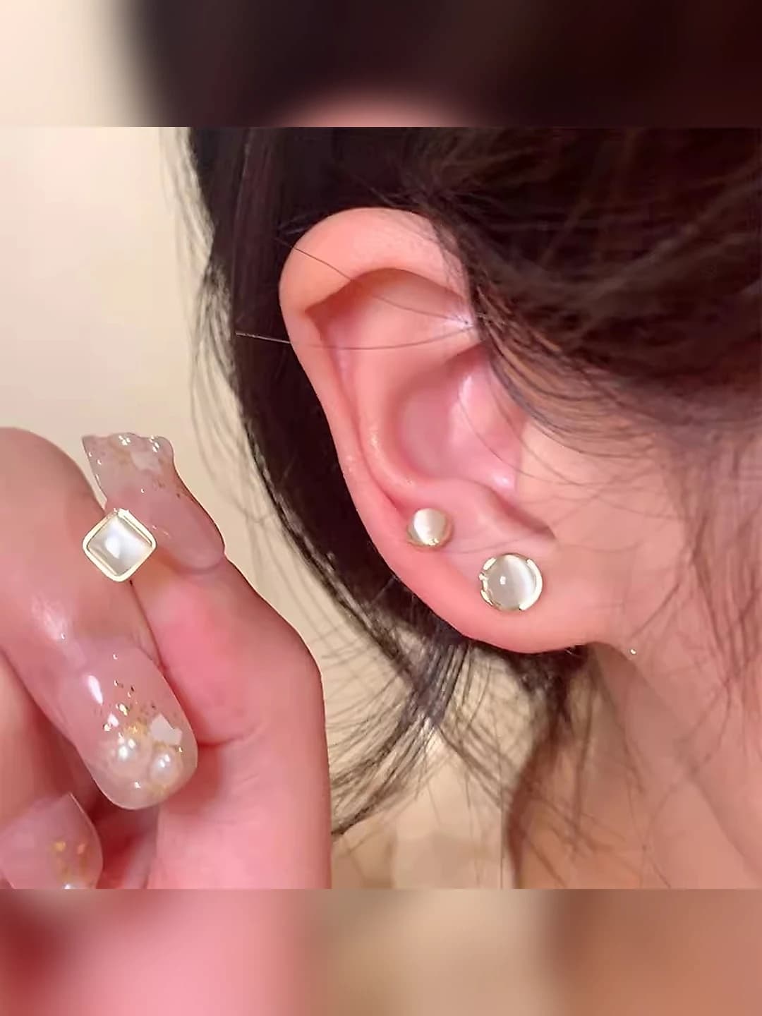 Women's set of 3 pairs geometric cat's eye stud earrings, 925 silver post, Korean style