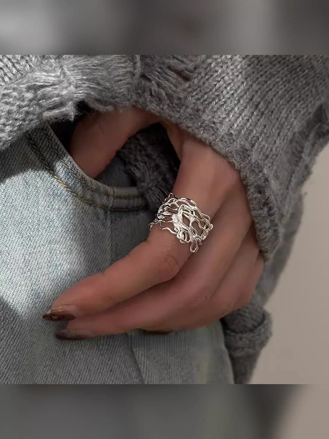 Women's openwork geometric ring, 925 sterling silver, individual design, premium style