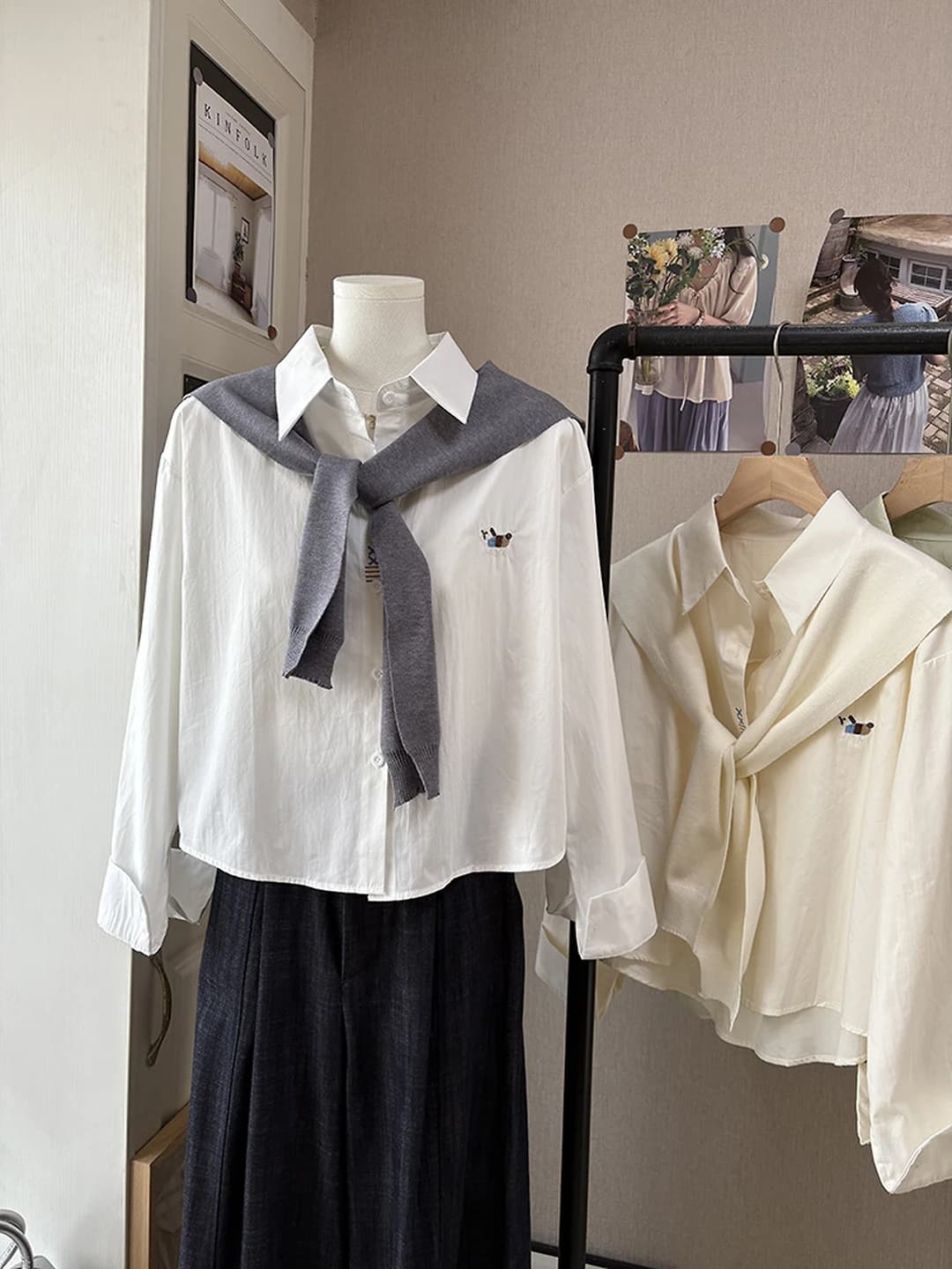 Women's spring-autumn casual set: embroidered blouse and knit shawl