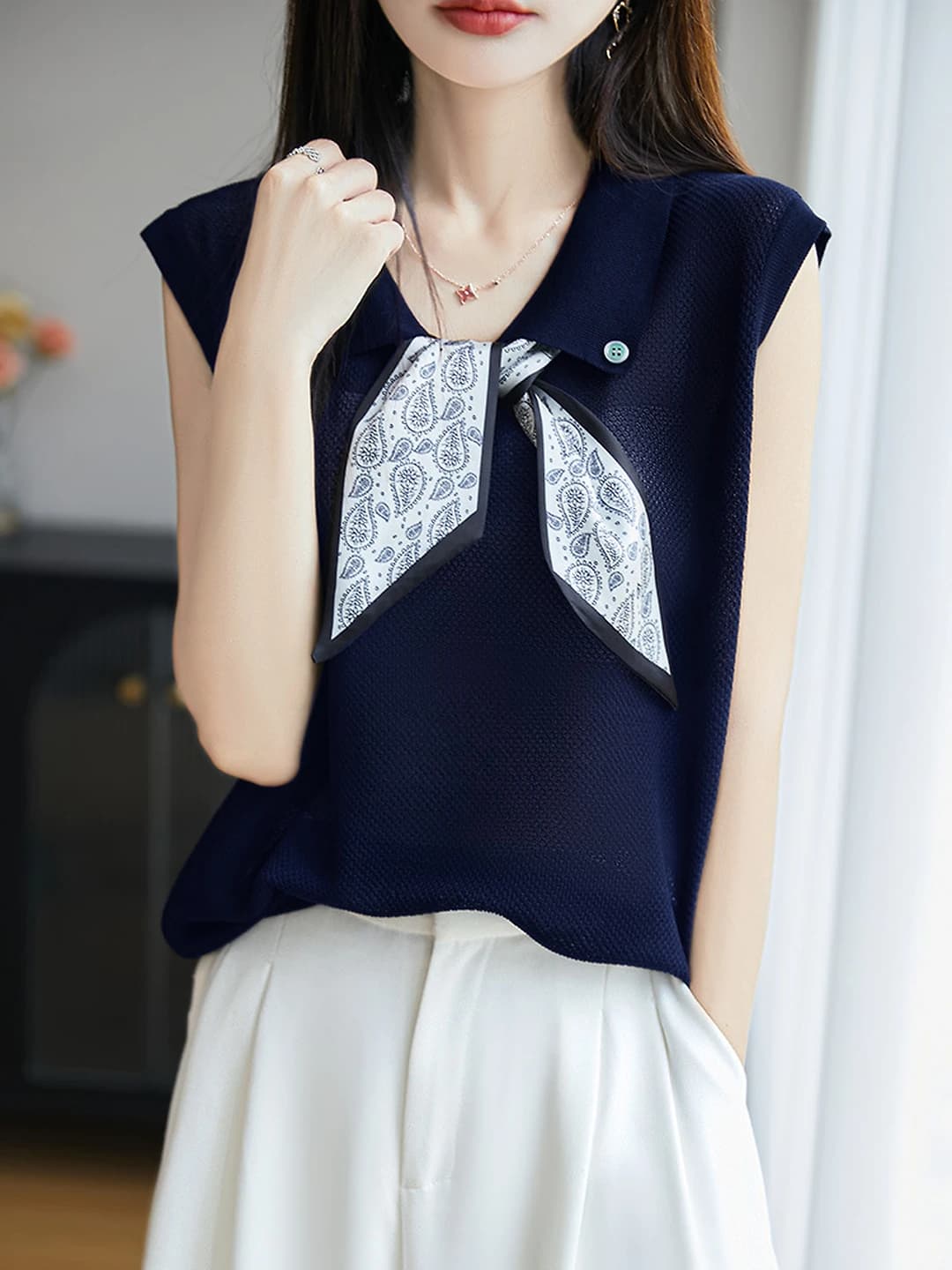 Women's sleeveless knit polo top, lapel collar, ice-silk fabric, summer 2026