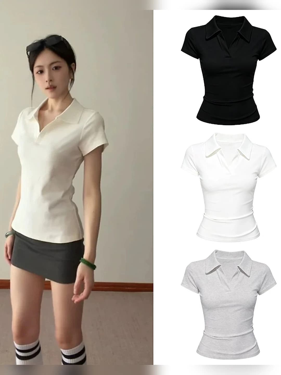 Women's summer polo collar short sleeve slim fit t-shirt, 93% cotton, 7% spandex, solid colour, casual and sports style, slimming effect