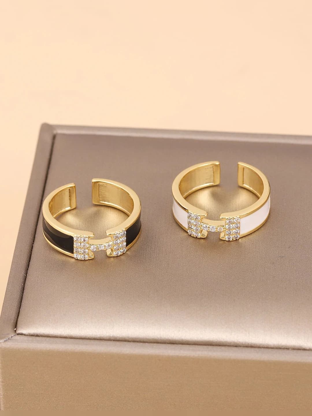 Open ring for women with letters and design elements, copper, geometric shape, electroplating