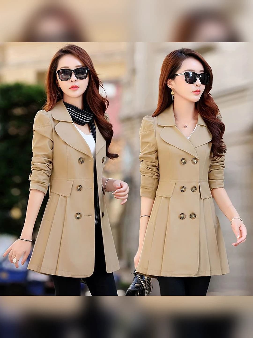 Women's double-layer trench coat, Korean style, long sleeve, mid-length, for petite, spring-autumn