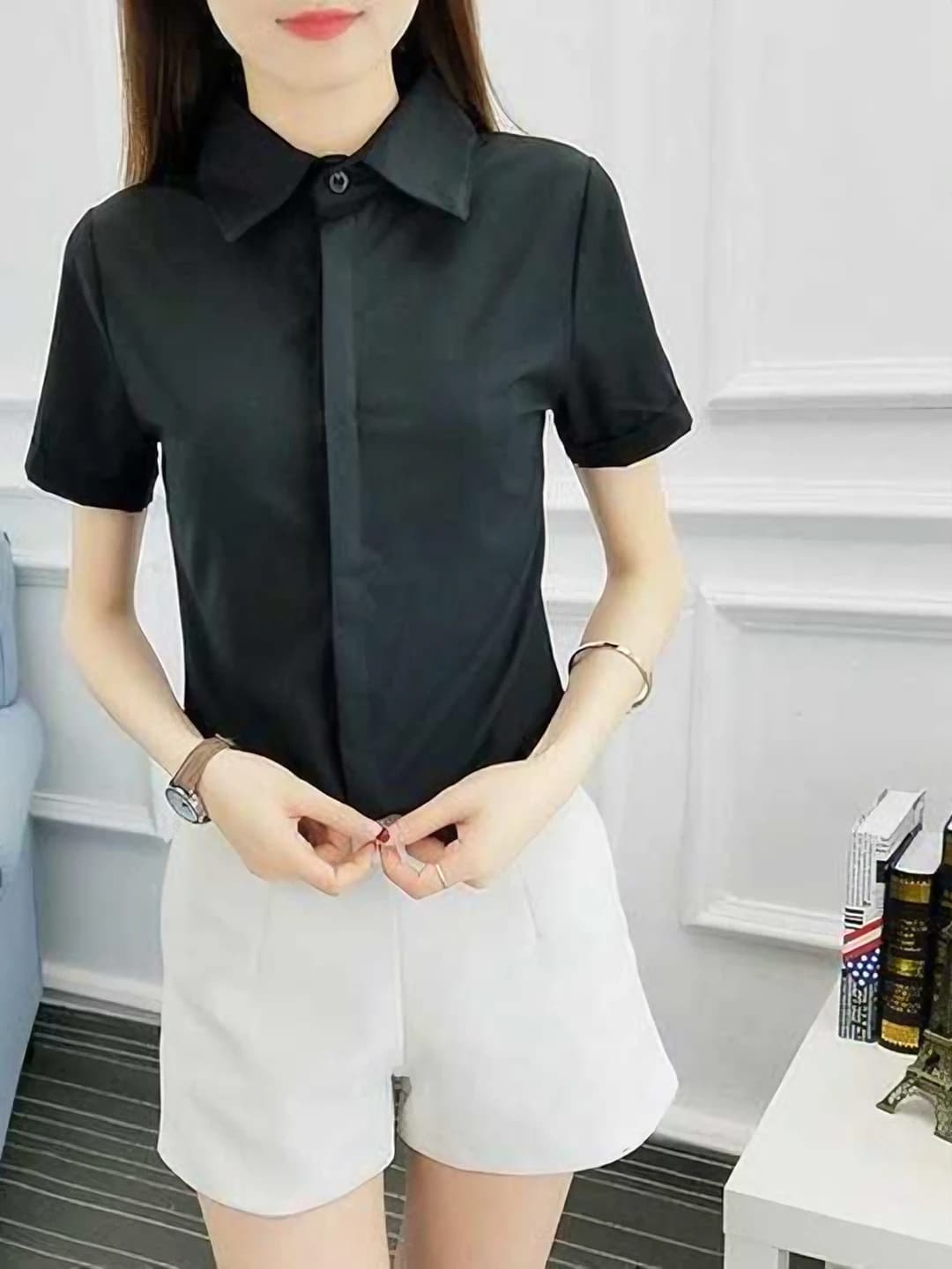 Black, short sleeve, hidden buttons