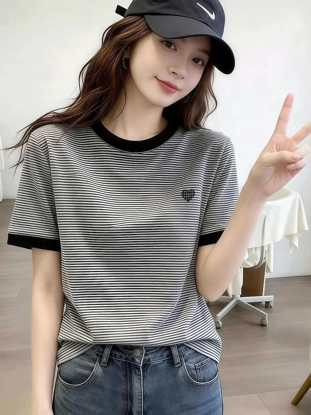 Women's summer embroidered striped short sleeve slim fit slimming crew neck t-shirt