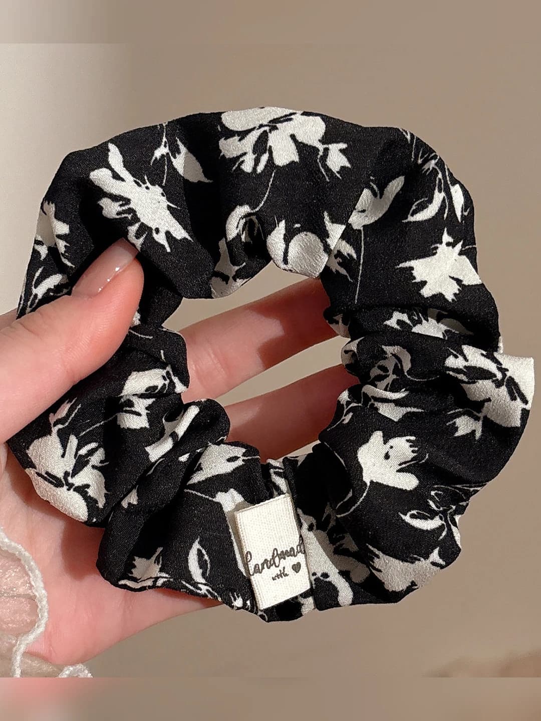 1# Large printed scrunchie: Black-white floral ~10cm