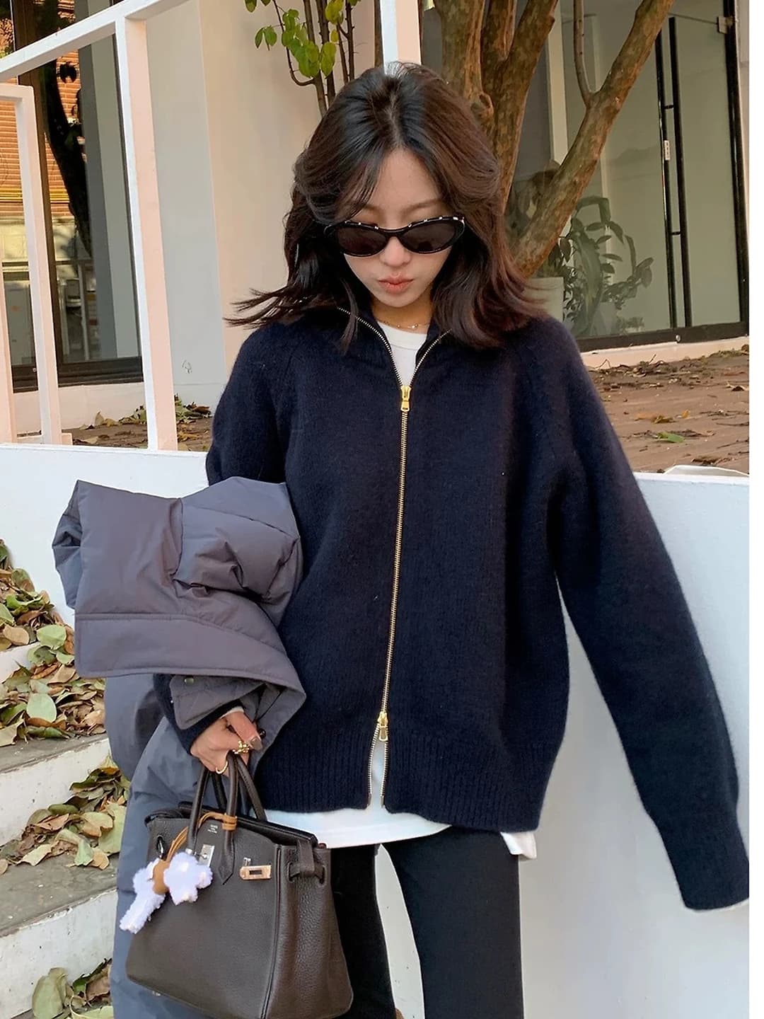 Women's thick knit cardigan with zip, stand collar, long sleeve, loose fit, autumn-winter 2026