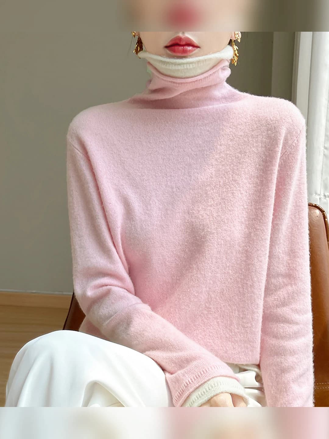 Women's 2026 autumn andi velour turtleneck sweater, long sleeve, solid colour, regular fit, with design elements