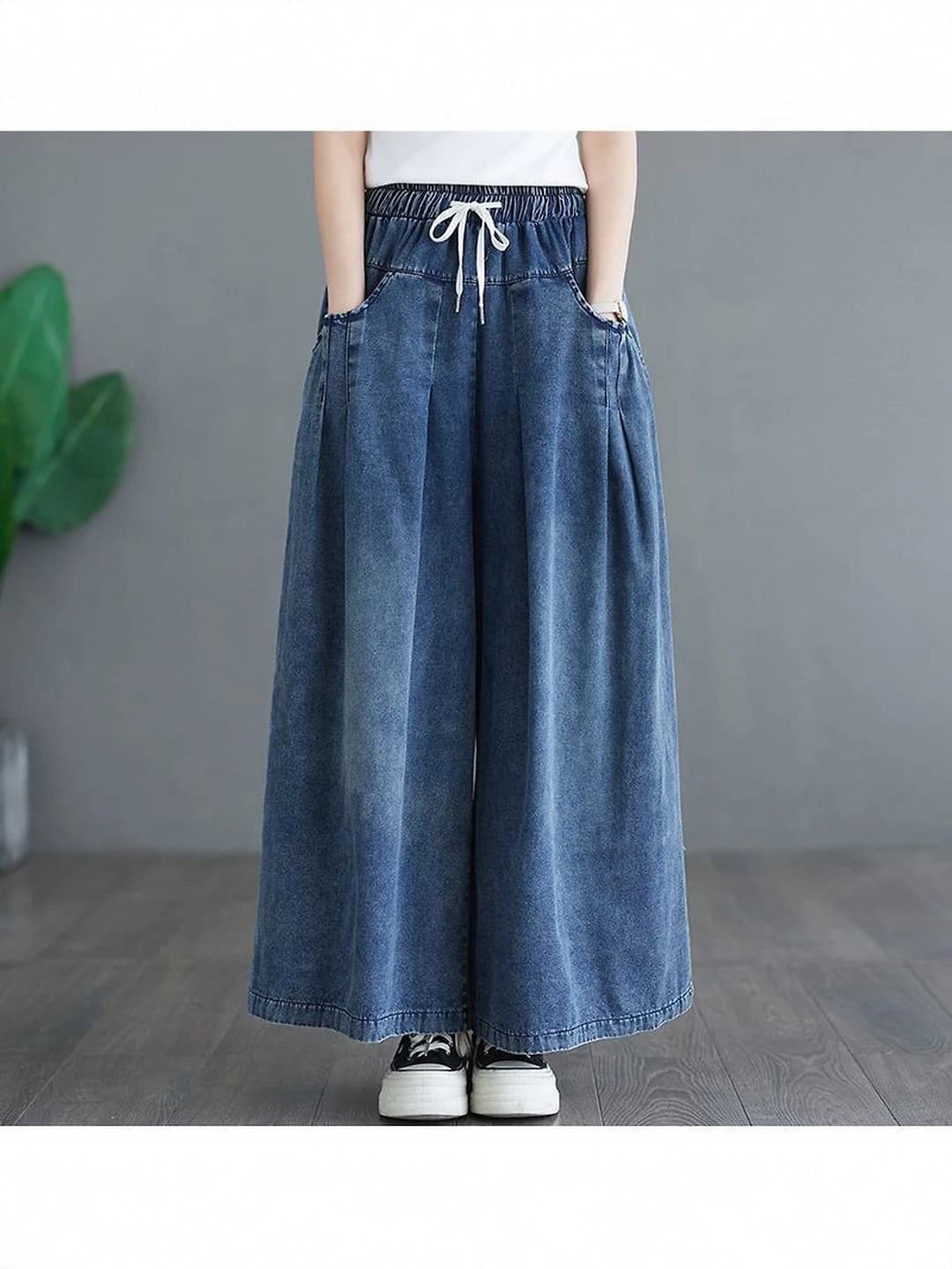 Ayollar uchun 2026-yil retro elastik belli keng jinsi shimlar, bo'sh (oversize) kesim, nozik ko'rsatadigan, to'piqqacha shim, kuzgi