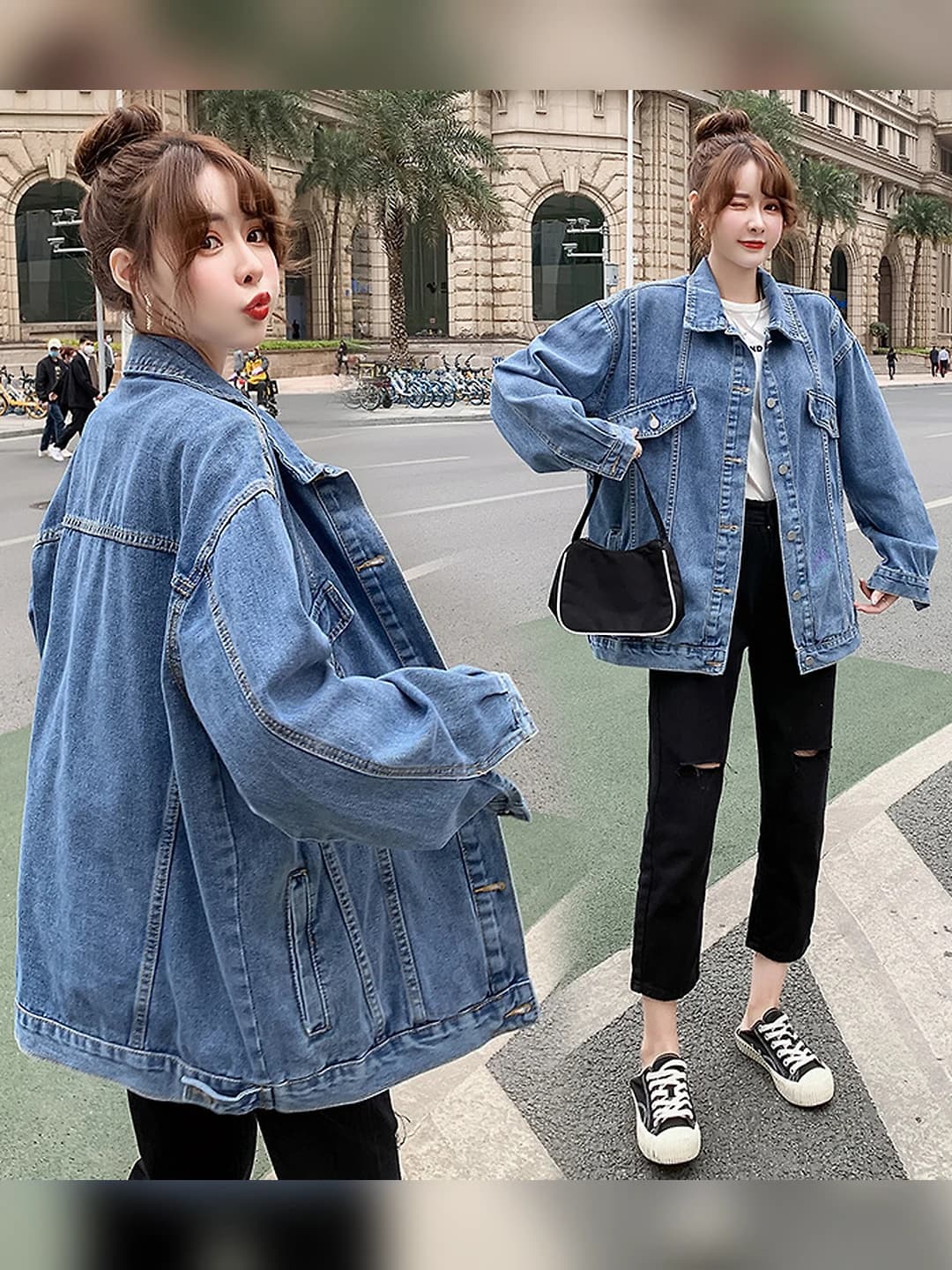 Women's mid-length denim jacket, Korean style, loose fit, solid colour, long sleeve, lapel collar, autumn