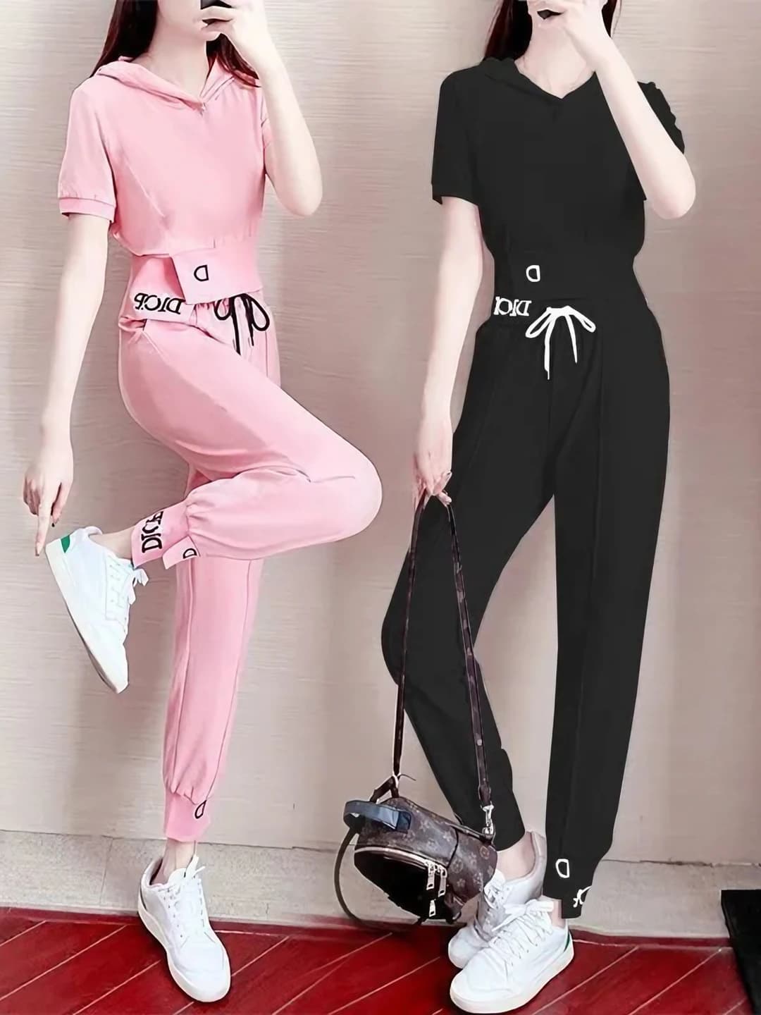 Women's summer sports casual two-piece set: loose fit t-shirt and trousers, slimming, geometric pattern