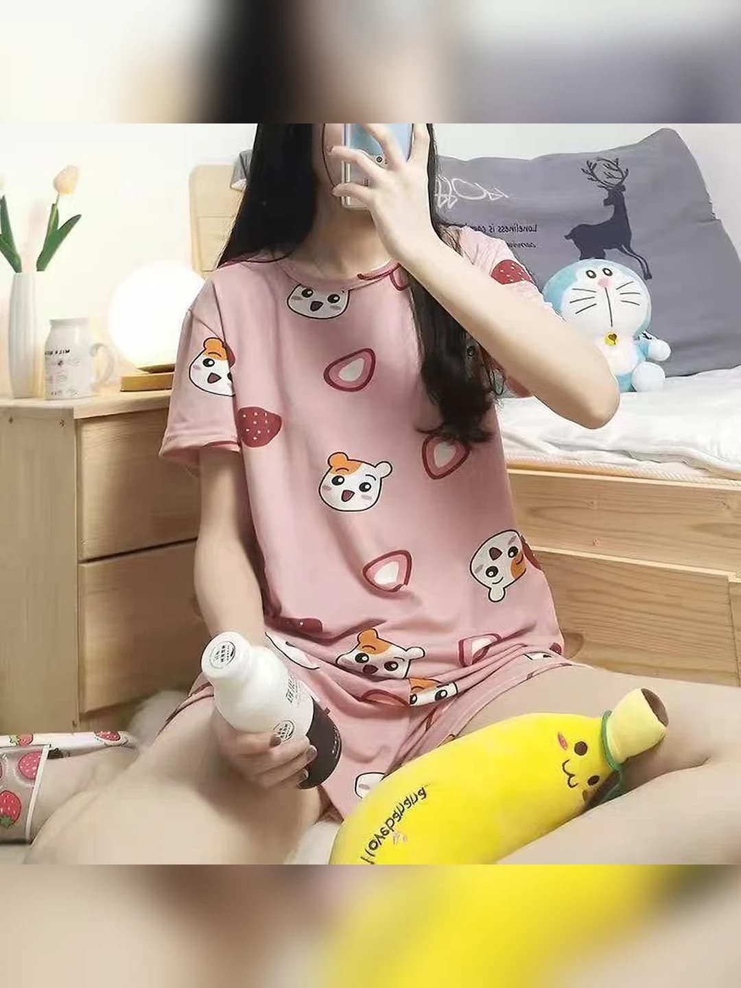 Ayollar uchun 2026 yozgi yupqa pijama to'plami, dumaloq yoqa, kalta yeng, shorti, havo o'tkazuvchan, elastik, uy kiyimi