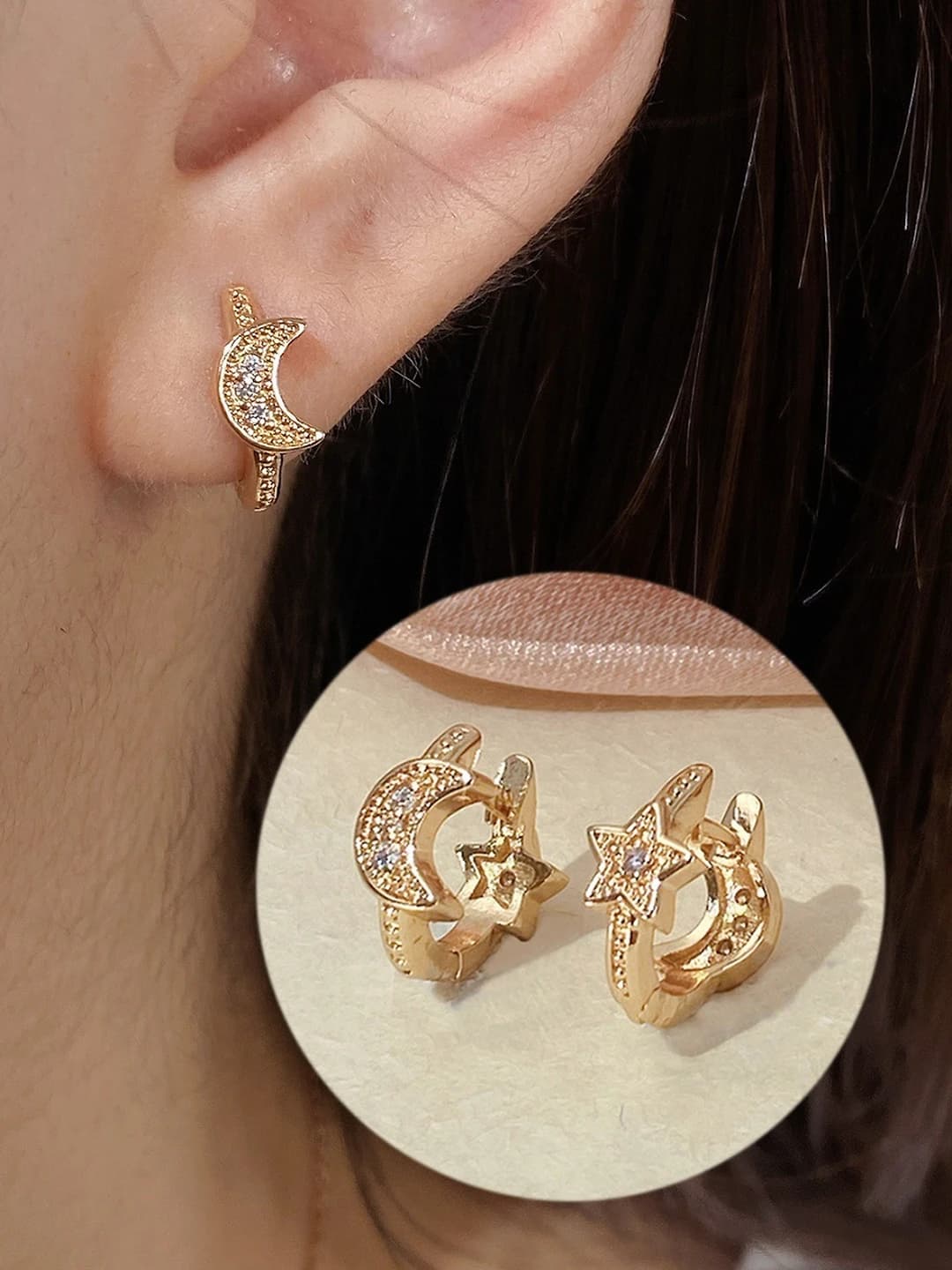 Women's moon and star shape zirconia stud earrings