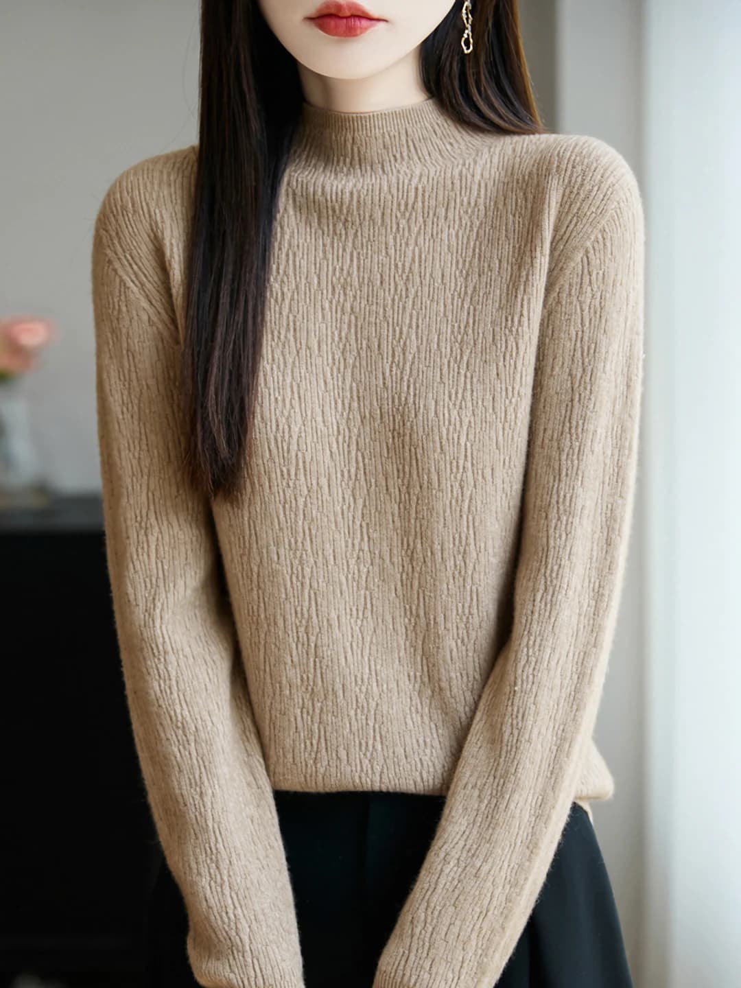 Women's autumn-winter sweater, mock neck, long sleeve, loose fit, solid colour, polyester, 3D effect