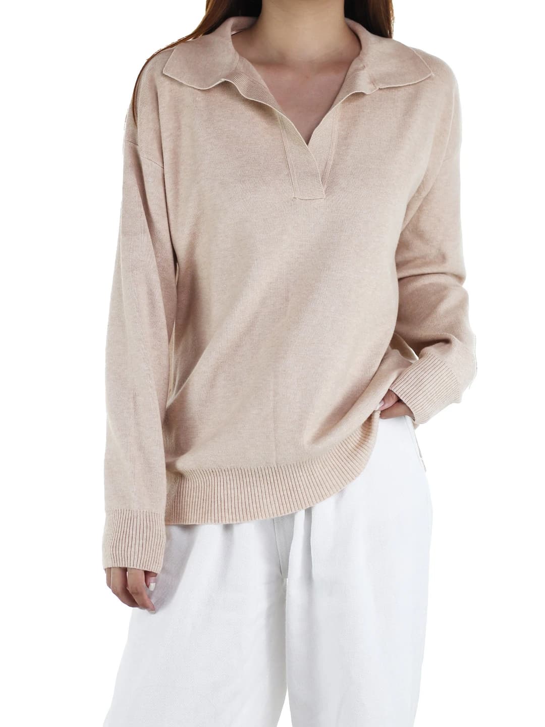Ayollar uchun kuzgi polo yoqali uzun yengli trikotaj sviter, bir rangli, bo'sh (oversize) kesim