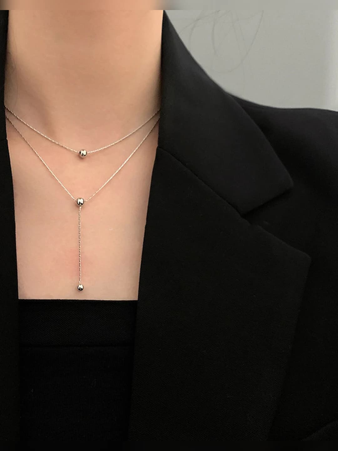 Women's layered chain necklace with bead accents, colorfast in water, minimalist clavicle chain accessory