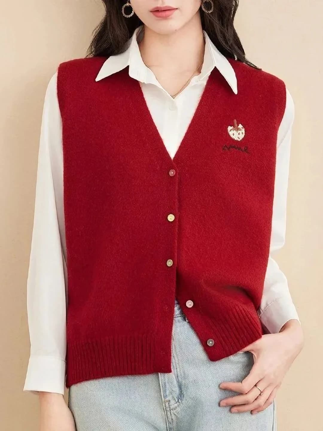 Women's sleeveless V-neck solid colour loose fit vest for petite