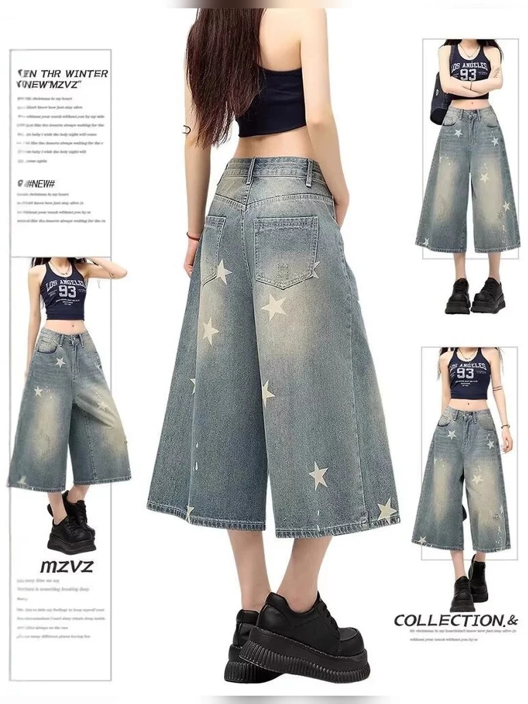 Ayollar uchun keng va klesh jinsi shimlar, yozgi, bo'sh (oversize), uch chorak shim, baland bel, bosma naqshli, nozik ko'rsatadigan, retro, ko'cha uslubidagi