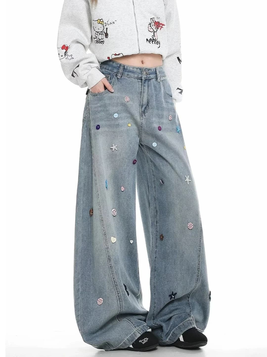 Women's wide and flared jeans, spring-autumn 2026, high waist, slimming, loose fit, straight cut, American graffiti design