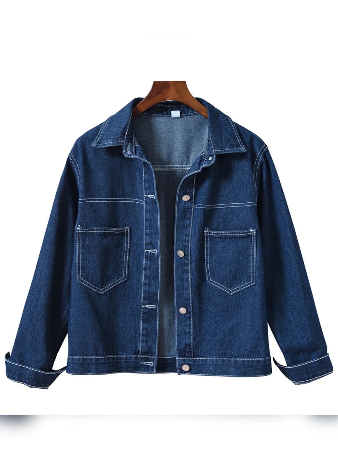 Women's plus size blue denim jacket, spring-autumn, Korean style, loose fit, lapel collar, long sleeve, solid colour, washed