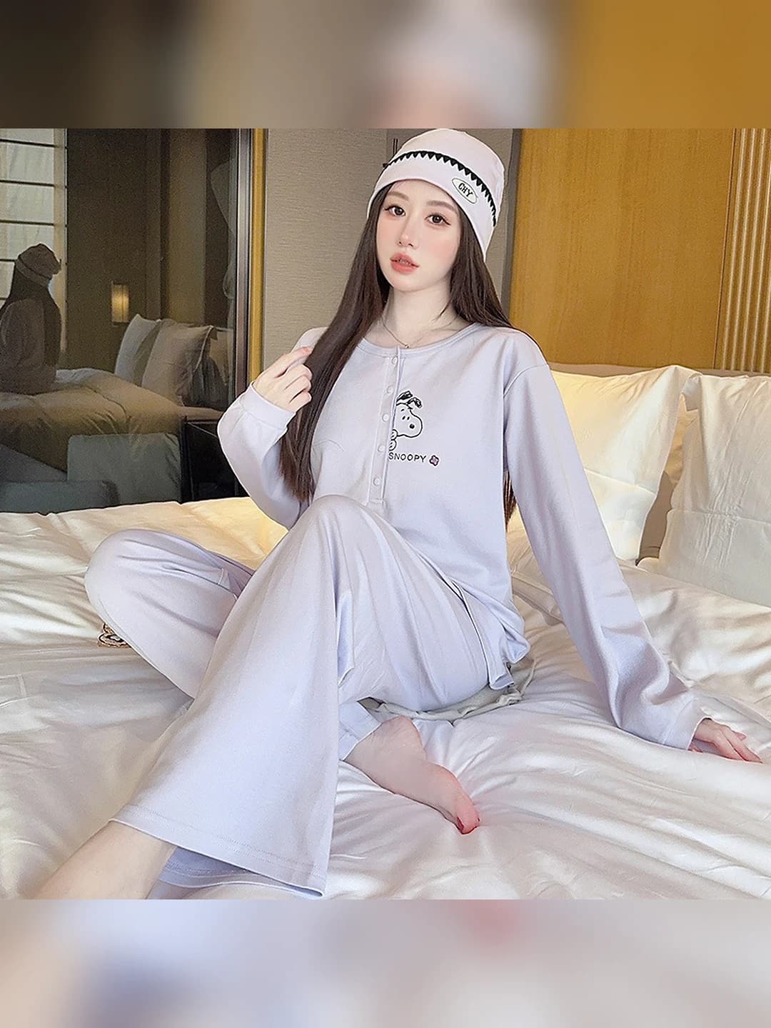 Ayollar uchun sof paxta yupqa to'plam (komplekt) pijama, dumaloq yoqa, uzun yeng, uzun shim, yoz, bahor, kuz mavsumi uchun