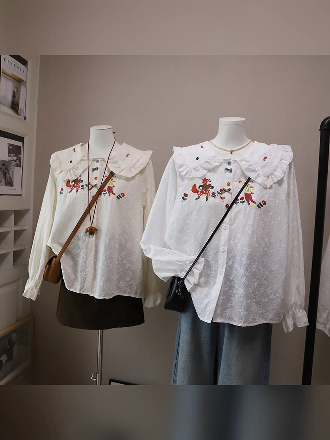 Women's embroidered long-sleeve blouse with Peter Pan collar in Korean style for early spring 2026