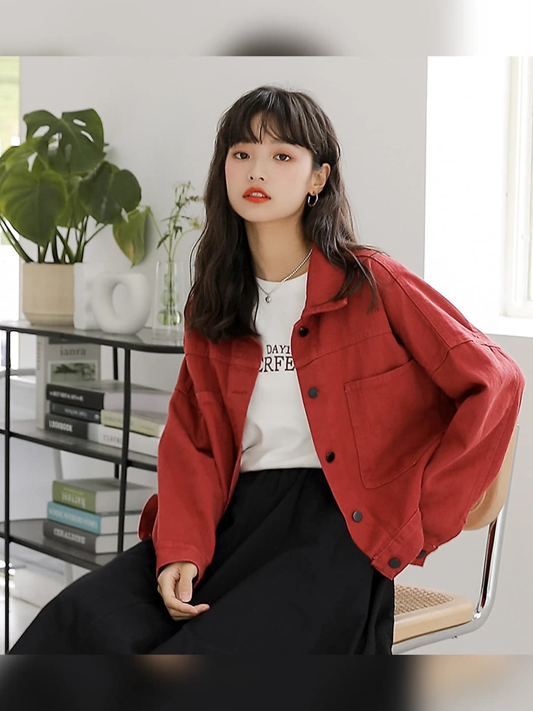Women's 2026 spring-autumn Korean style red short denim jacket, loose fit, long sleeve, lapel collar