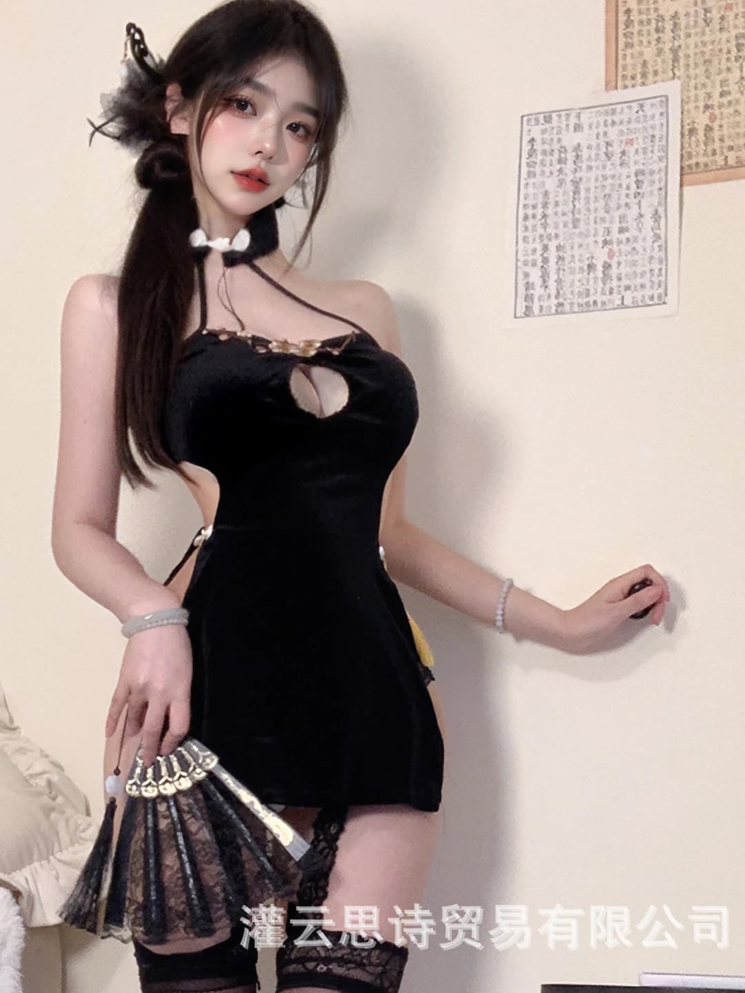 Ayollar uchun erotik qipao ichki kiyim to'plami: kashtali, yuqori kesim, ochilgan orqa, katta o'lcham, poliester