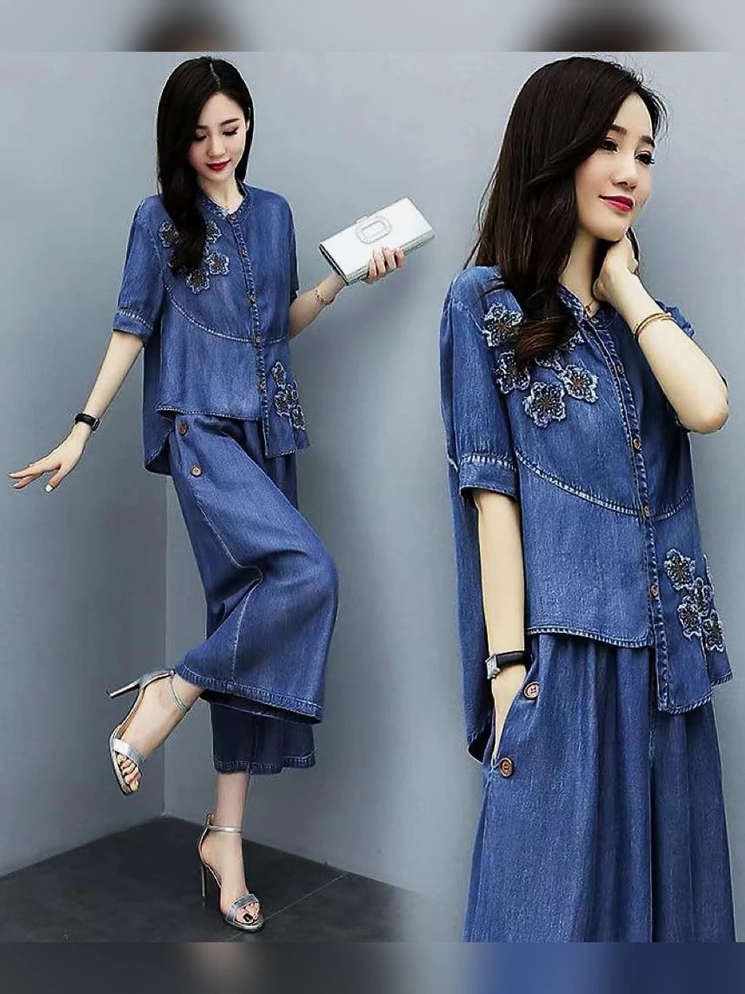 Ayollar uchun denim ikki qismli to'plam: kashtali tepki va keng shim, 2026 yozgi, koreys uslubida, bo'sh (oversize)
